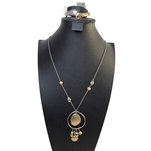 Chico's Silver Gold Tone Hammered Pendant Necklace & Bangle Bracelet Set